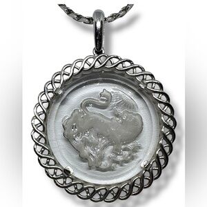 Vintage Trifari zodiac horoscope lion pendant necklace silver tone 16 inches